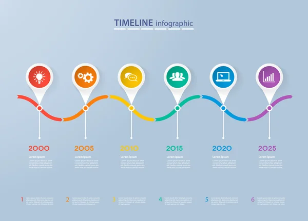 Modelo de linha do tempo de infográficos com círculos coloridos realistas para 6 passos e ícones. Pode ser usado para layout de fluxo de trabalho, diagrama, opções de número, opções de passo, web design, infográficos, apresentações —  Vetores de Stock