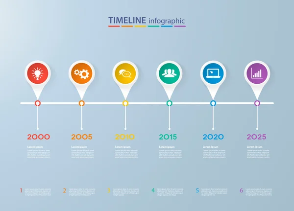 Templat garis waktu infografis dengan lingkaran berwarna-warni yang realistis untuk 6 langkah dan ikon. Dapat digunakan untuk tata letak alur kerja, diagram, opsi bilangan, pilihan langkah ke atas, desain web, infografis, presentasi - Stok Vektor