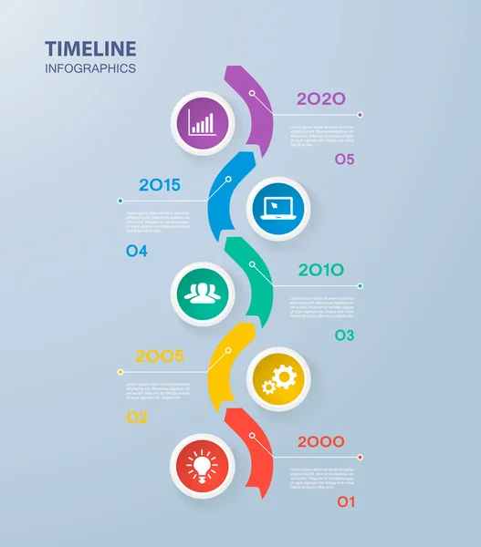 Modelo de linha do tempo de infográficos com círculos coloridos realistas para 5 passos e ícones. Pode ser usado para layout de fluxo de trabalho, diagrama, opções de número, opções de passo, web design, infográficos, apresentações — Vetor de Stock