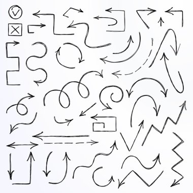 Elle çizilmiş yarım yamalak okları kümesi. Grafiksel tasarım elemanları. Vektör çizim.