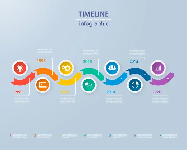 Modèle de timeline infographie avec des cercles colorés réalistes pour 7 étapes et icônes. Peut être utilisé pour la mise en page du flux de travail, le diagramme, les options de nombre, les options de renforcement, la conception Web, l'infographie, les présentations — Image vectorielle