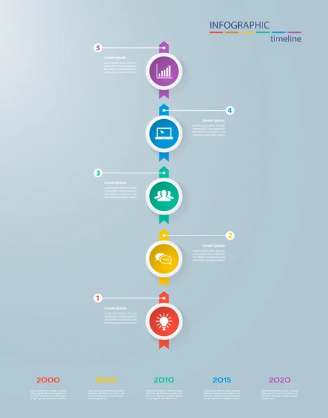 Modèle de timeline infographie avec des cercles colorés réalistes pour 5 étapes et icônes. Peut être utilisé pour la mise en page du flux de travail, le diagramme, les options de nombre, les options de renforcement, la conception Web, l'infographie, les présentations — Image vectorielle