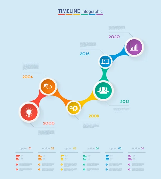 Plantilla de línea de tiempo de infografías con círculos coloridos realistas para 6 pasos e iconos. Se puede utilizar para el diseño del flujo de trabajo, diagrama, opciones de número, opciones de intensificación, diseño web, infografías, presentaciones — Archivo Imágenes Vectoriales