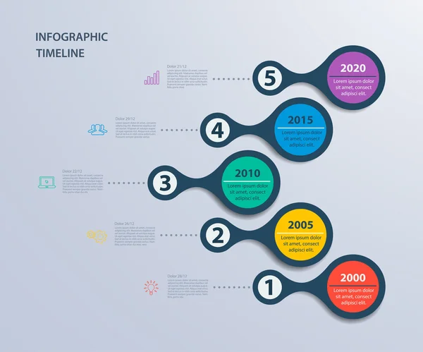 Infographics időskála sablon 5 lépéseket és ikonok. Használható munkafolyamat-elrendezés, rajz, a lehetőségek száma, fokozzák a lehetőség web design, infographics, bemutatók — Stock Vector