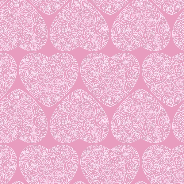 Okrasné delikátní růžové srdce a růže vzor bezešvé. Lze použít pro karty, pohlednice, svatební oznámení, balicí papír, textilní design, tapety. — Stockový vektor