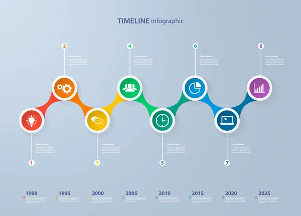 Templat garis waktu infografis dengan lingkaran berwarna-warni yang realistis untuk 8 langkah dan ikon. Dapat digunakan untuk tata letak alur kerja, diagram, opsi bilangan, pilihan langkah ke atas, desain web, infografis, presentasi - Stok Vektor