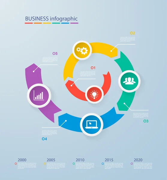 Modelo de linha do tempo de infográficos com círculos coloridos realistas para 5 passos e ícones. Pode ser usado para layout de fluxo de trabalho, diagrama, opções de número, opções de passo, web design, infográficos, apresentações — Vetor de Stock