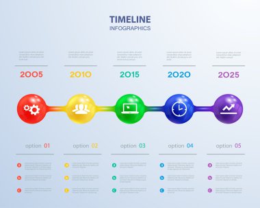 5 adımlar ve simgeler için gerçekçi renkli küreler Infographics zaman çizelgesi şablonu. İş akışı düzeni, diyagram, numarası seçenekleri için kullanılabilir, adım seçenekleri, web tasarım, infographics, sunumlar.