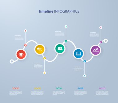 5 adımlar ve simgeler için gerçekçi renkli daireler ile Infographics zaman çizelgesi şablonu. İş akışı düzeni, diyagram, numarası seçenekleri için kullanılabilir, adım seçenekleri, web tasarım, infographics, sunumlar.
