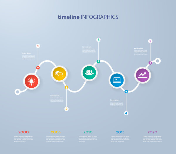 Infographics timeline template with realistic colorful circles for 5 steps and icons. Can be used for workflow layout, diagram, number options, step up options, web design, infographics, presentations