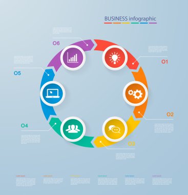 6 adımlar ve simgeler için gerçekçi renkli daireler ile Infographics şablonu. İş akışı düzeni, diyagram, numarası seçenekleri için kullanılabilir, adım seçenekleri, web tasarım, infographics, sunumlar.