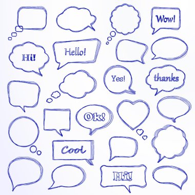 Çizilmiş konuşma balonları kümesi. Vektör çizim.