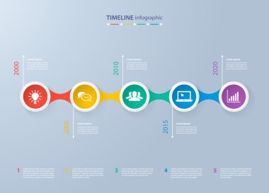 5 adımlar ve simgeler için gerçekçi renkli daireler ile Infographics zaman çizelgesi şablonu. İş akışı düzeni, diyagram, numarası seçenekleri için kullanılabilir, adım seçenekleri, web tasarım, infographics, sunumlar.