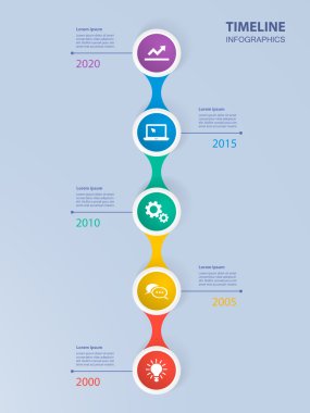 Infographics timeline template with realistic colorful circles for 5 steps and icons. Can be used for workflow layout, diagram, number options, step up options, web design, infographics, presentations