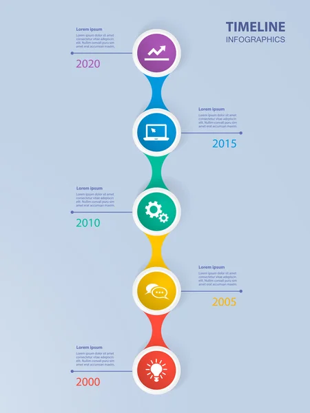 Infografik Zeitleiste Vorlage mit realistischen bunten Kreisen für 5 Schritte und Symbole. kann für Workflow-Layout, Diagramm, Zahlenoptionen, Step-Up-Optionen, Webdesign, Infografiken, Präsentationen verwendet werden — Stockvektor