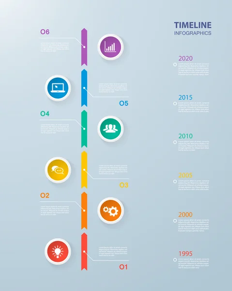 Modèle de timeline infographie avec des cercles colorés réalistes pour 6 étapes et icônes. Peut être utilisé pour la mise en page du flux de travail, le diagramme, les options de nombre, les options de renforcement, la conception Web, l'infographie, les présentations — Image vectorielle