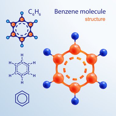 3 D benzene molecule. Icon and chemical formula, C6H6, 2d & 3d. Vector illustration. clipart