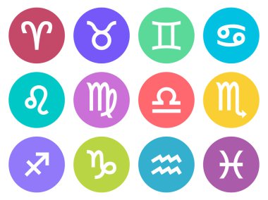 Set of zodiac signs in circle in flat style. Colorful round icons. Vector illustration.