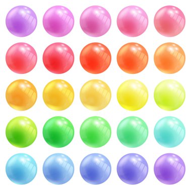 Set of colorful round vector spheres or balls in pastel colors of the rainbow with reflective shiny dimensional surfaces for celebrating Christmas New Year clipart