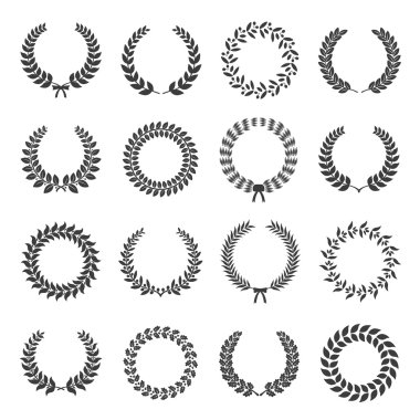 Siyah ve beyaz siluet dairesel defne foliat ve meşe çelenk bir ödül, başarı, heraldry, asalet tasvir seti. Vektör çizimi.