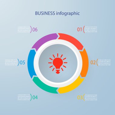 Infographics timeline template with realistic colorful circles for 6 steps and icons. Can be used for workflow layout, diagram, number options, step up options, web design, infographics, presentations clipart