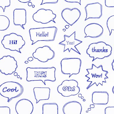 Doodle speech bubbles seamless pattern. Vector talk and thought hand drawn sketch bubbles.