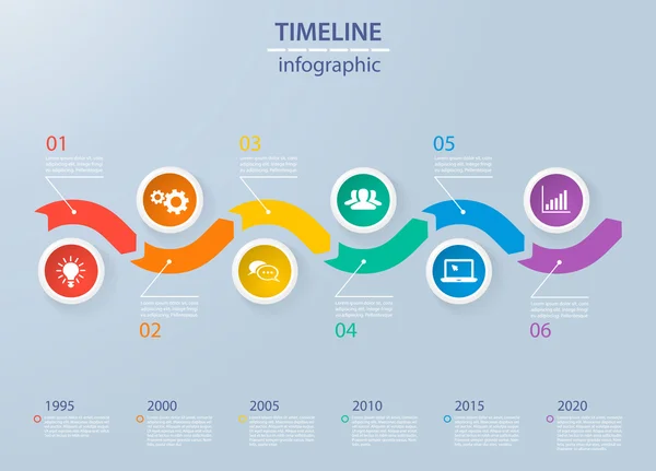 Infographics timeline template with realistic colorful circles for 6 steps and icons. Can be used for workflow layout, diagram, number options, step up options, web design, infographics, presentations — Stock Vector