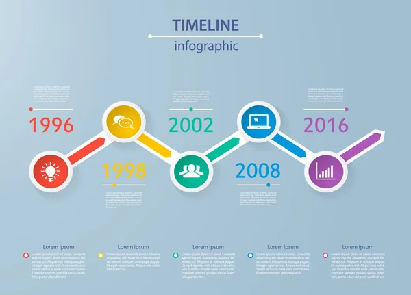 Modèle de timeline infographie avec des cercles colorés réalistes pour 6 étapes et icônes. Peut être utilisé pour la mise en page du flux de travail, le diagramme, les options de nombre, les options de renforcement, la conception Web, l'infographie, les présentations — Image vectorielle