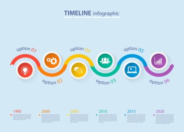 6 adımlar ve simgeler için gerçekçi renkli daireler ile Infographics zaman çizelgesi şablonu. İş akışı düzeni, diyagram, numarası seçenekleri için kullanılabilir, adım seçenekleri, web tasarım, infographics, sunumlar.