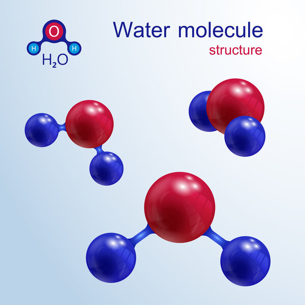 3 D water molecule: icon and chemical formula, H2O, 2d & 3d. Vector illustration.
