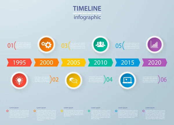 Modèle de timeline infographie moderne avec des cercles colorés réalistes pour 6 étapes et icônes. Peut être utilisé pour la mise en page du flux de travail, le diagramme, les options de nombre, les options de renforcement, la conception Web, l'infographie, les présentations . — Image vectorielle