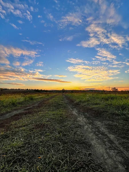 Toprak yol, açık mavi bir sabah gökyüzünün altında yeşil bir tarladan geçiyor renkli bulutlarla.