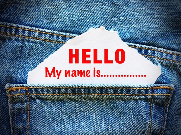 Hello Name White Paper Pocket Blue Denim Jeans — стоковое фото