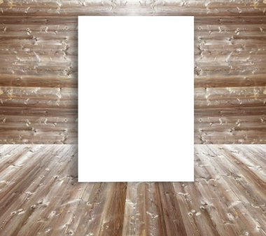 Ahşap duvara yaslanmış boş beyaz poster, ürününüz veya içeriğiniz için maket yapın