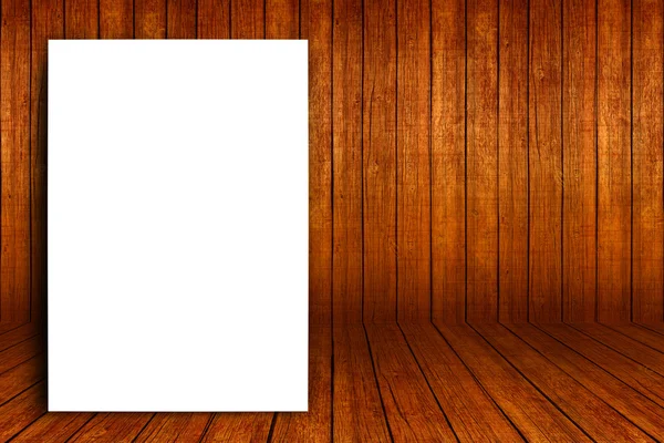 Пустая Белая Постер Опираясь Деревянную Стену Макет Вашего Продукта Содержания — стоковое фото