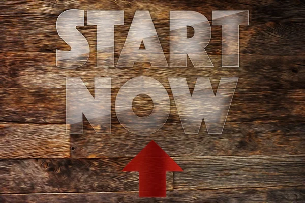 Start Now Word Red Arrow Wooden Oil Paint Effect — Stock Photo, Image