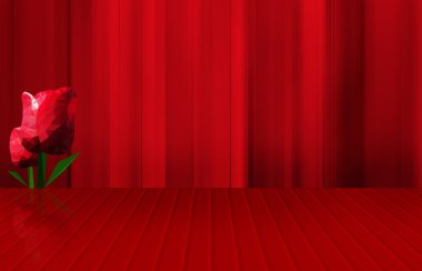 Kırmızı sahnede ve perdede düşük polyester kırmızı laleler 