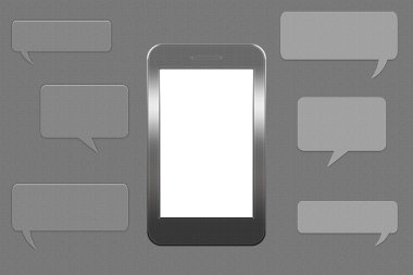 Gri arkaplandaki metin için boş konuşma baloncuğu olan akıllı telefon