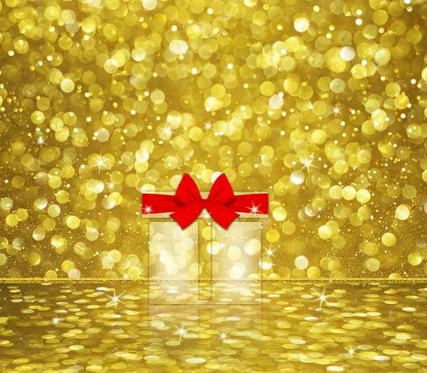 Geschenk Box Rote Schleife Auf Gold Bokeh Abstrakten Hintergrund — Stockfoto