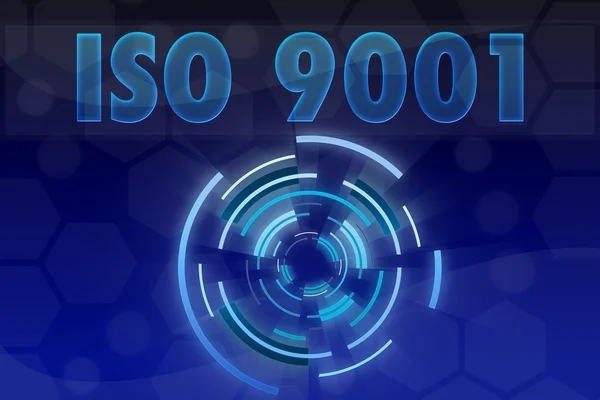 ISO 9001 λέξη σε μπλε φόντο γεωμετρικά — Φωτογραφία Αρχείου
