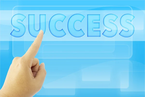 Hand pointing "SUCCESS" word on blue screen — Stock Photo, Image