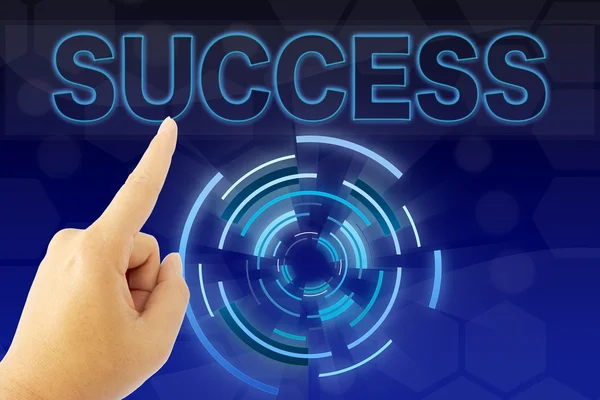 Hand pointing "SUCCESS" word on blue screen — Stock Photo, Image