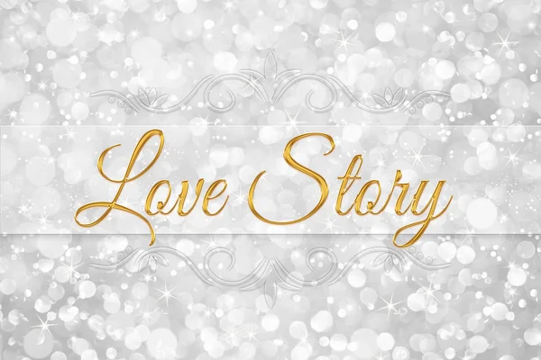 Love Story Wort auf weißem Silber glitter Bokeh abstrakten Hintergrund — Stockfoto