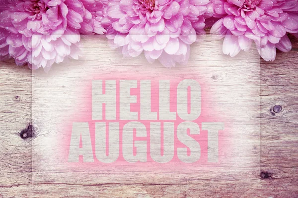 Flores de color rosa sobre madera con palabra Hello August — Foto de Stock