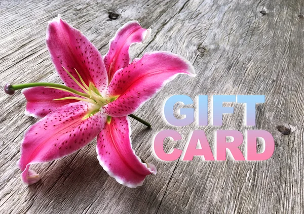 Word のギフトカードと木製の背景にピンクの liliy 花 — ストック写真