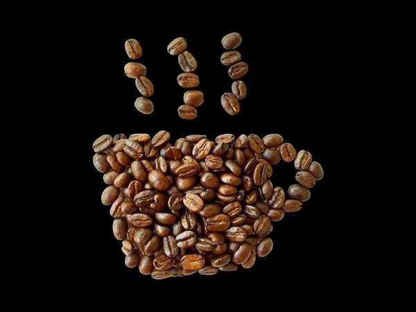 Grãos de café torrados, forma de xícara de café isolado no backgro preto — Fotografia de Stock
