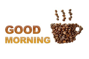 Günaydın kahve çekirdekleri, kahve fincan şekli ile beyaz b kelime