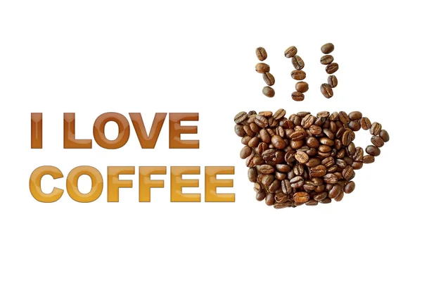 Λέξη μου αρέσει ο καφές με κόκκους καφέ, Καφές Κύπελλο σχήμα σε λευκό — Φωτογραφία Αρχείου