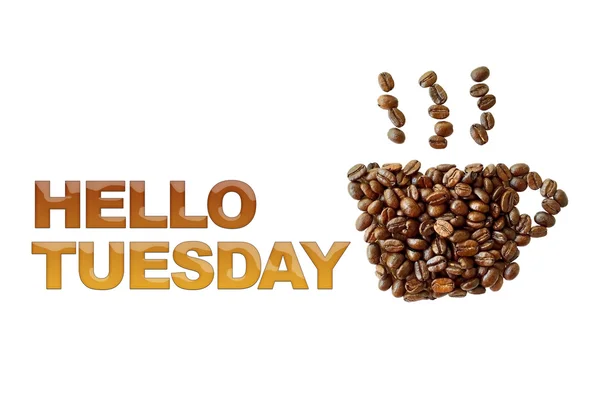 Λέξη Hello τρίτη με κόκκους καφέ, Καφές Κύπελλο σχήμα σε λευκό — Φωτογραφία Αρχείου