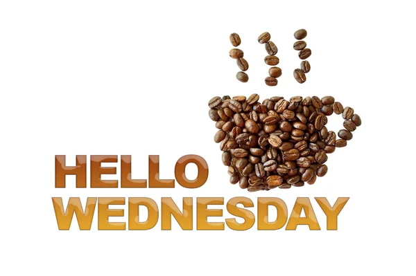 Λέξη Hello Τετάρτη με κόκκους καφέ, Καφές Κύπελλο σχήμα της Πεντηκοστής — Φωτογραφία Αρχείου